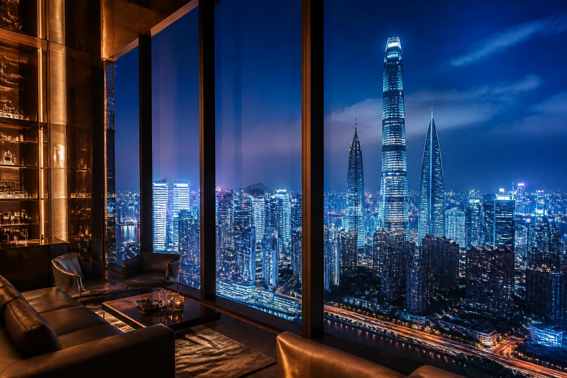 Executive lounge high above an illuminated global financial district at blue hour